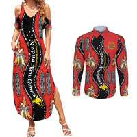 Papua New Guinea 50th Independence Couples Matching Summer Maxi Dress and Long Sleeve Button Shirt PNG Batik Pattern LT01 Red - Polynesian Pride