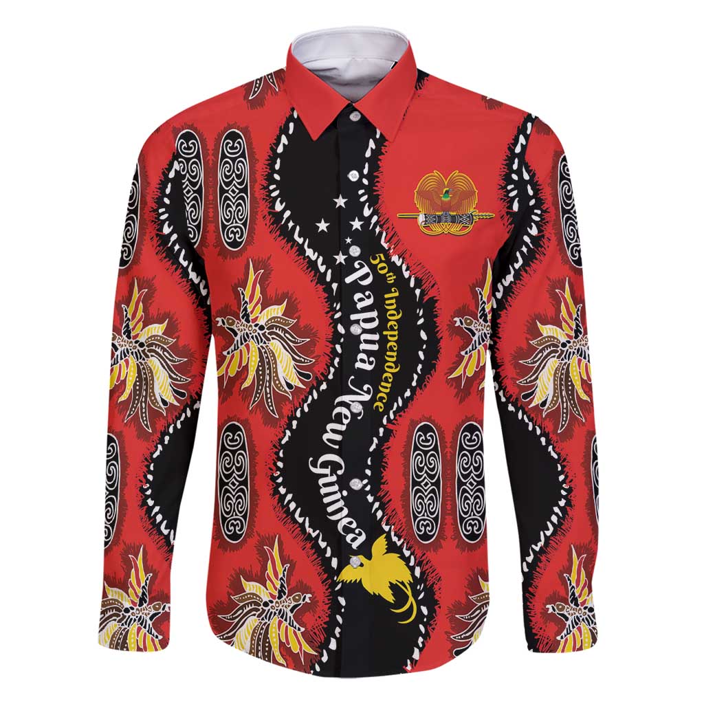 Papua New Guinea 50th Independence Family Matching Mermaid Dress and Hawaiian Shirt PNG Batik Pattern LT01 Dad's Shirt - Long Sleeve Red - Polynesian Pride