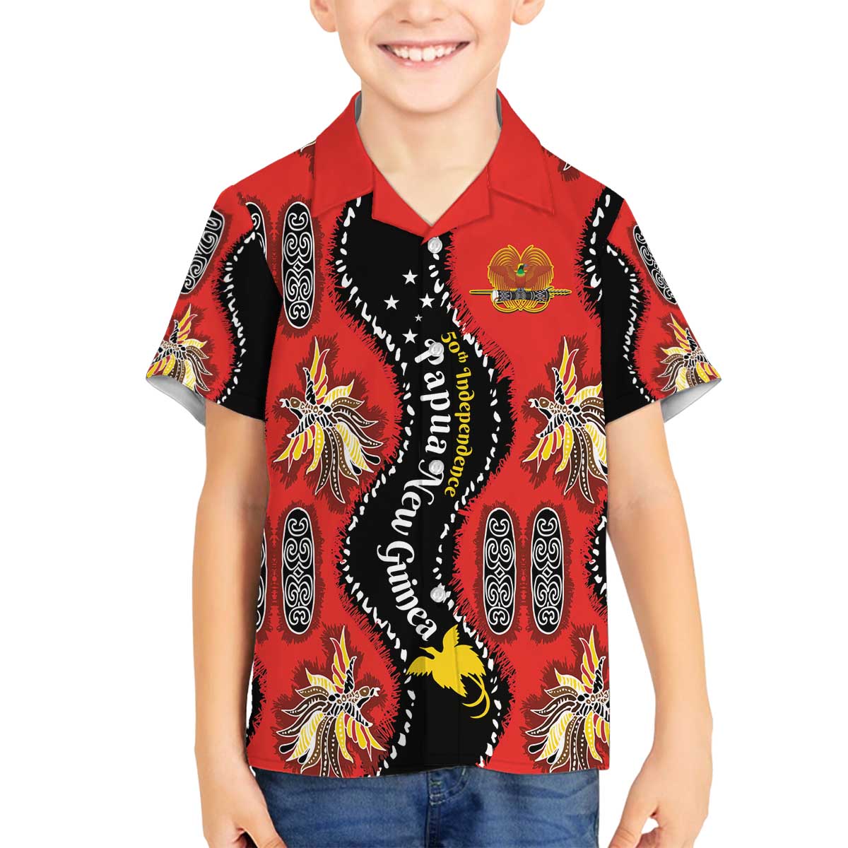 Papua New Guinea 50th Independence Family Matching Off The Shoulder Long Sleeve Dress and Hawaiian Shirt PNG Batik Pattern - Polynesian Pride