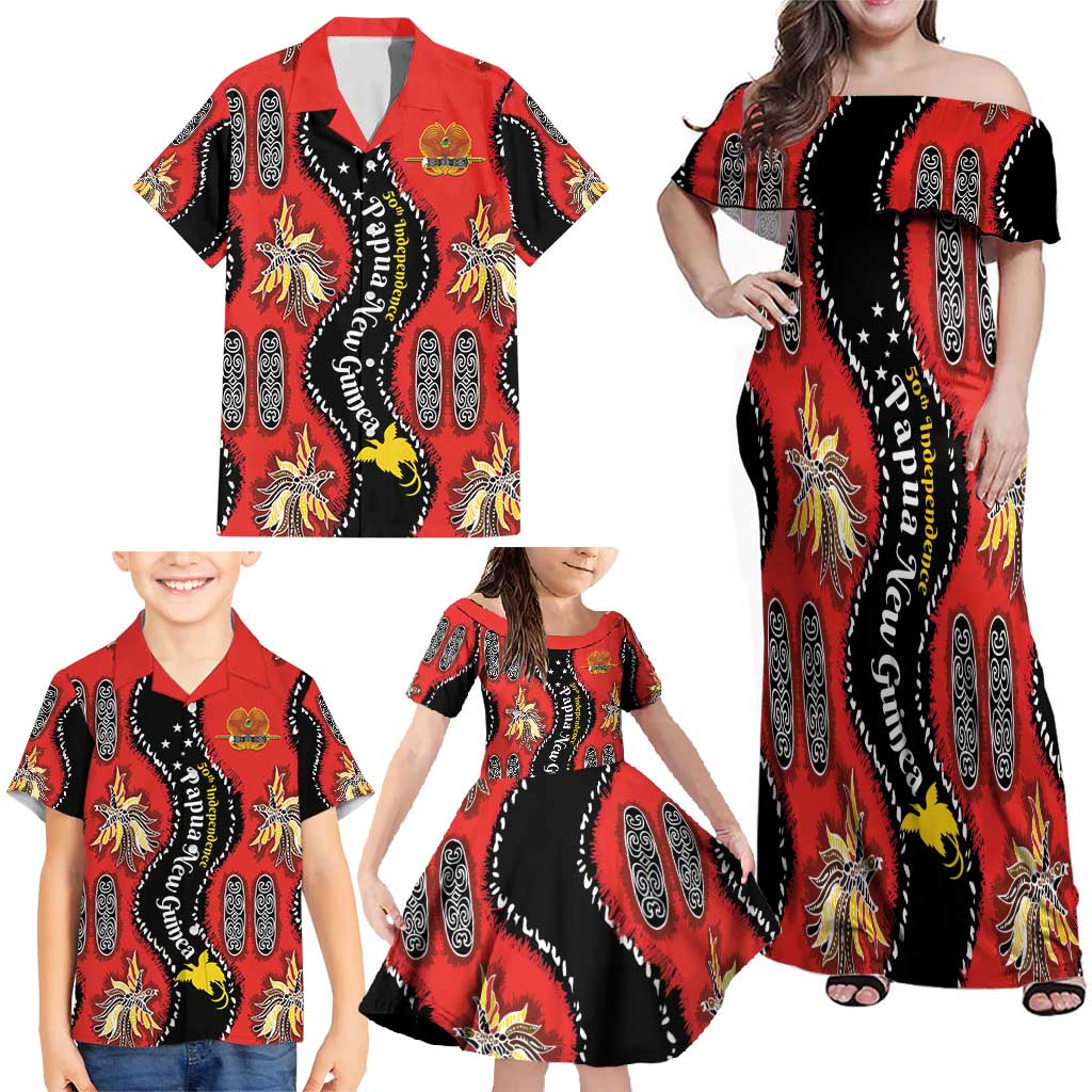 Papua New Guinea 50th Independence Family Matching Off Shoulder Maxi Dress and Hawaiian Shirt PNG Batik Pattern - Polynesian Pride