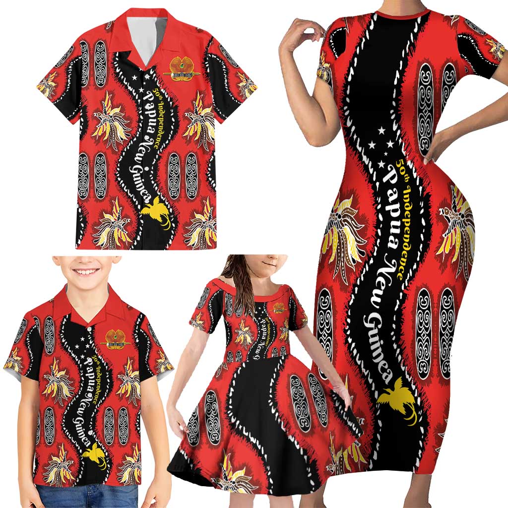 Papua New Guinea 50th Independence Family Matching Short Sleeve Bodycon Dress and Hawaiian Shirt PNG Batik Pattern - Polynesian Pride