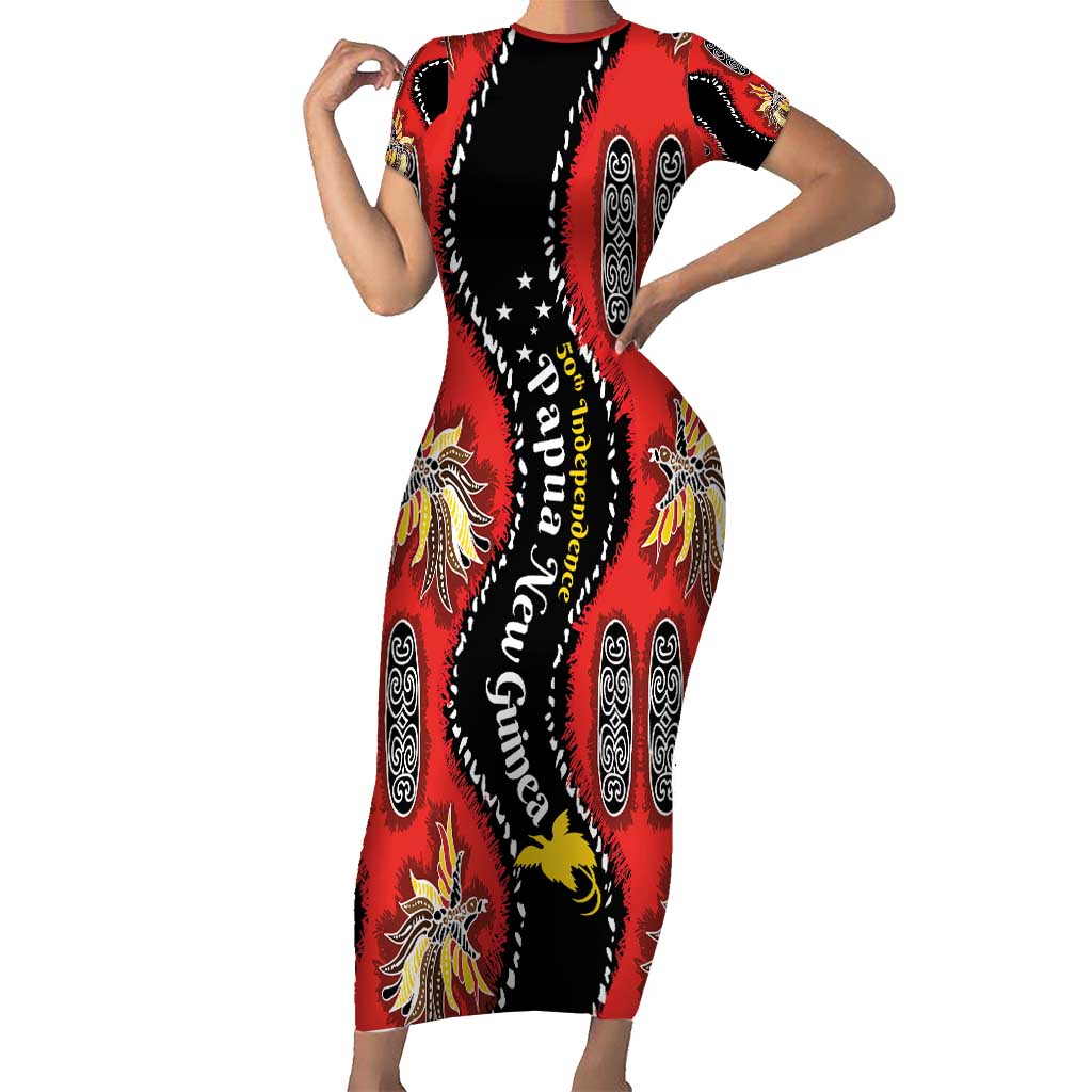 Papua New Guinea 50th Independence Family Matching Short Sleeve Bodycon Dress and Hawaiian Shirt PNG Batik Pattern LT01 Mom's Dress Red - Polynesian Pride
