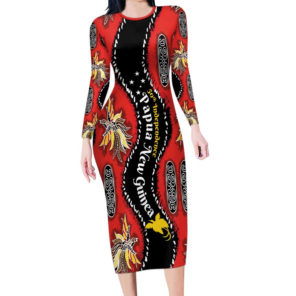 Papua New Guinea 50th Independence Long Sleeve Bodycon Dress PNG Batik Pattern - Polynesian Pride