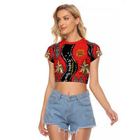 Papua New Guinea 50th Independence Raglan Cropped T Shirt PNG Batik Pattern LT01 Female Red - Polynesian Pride