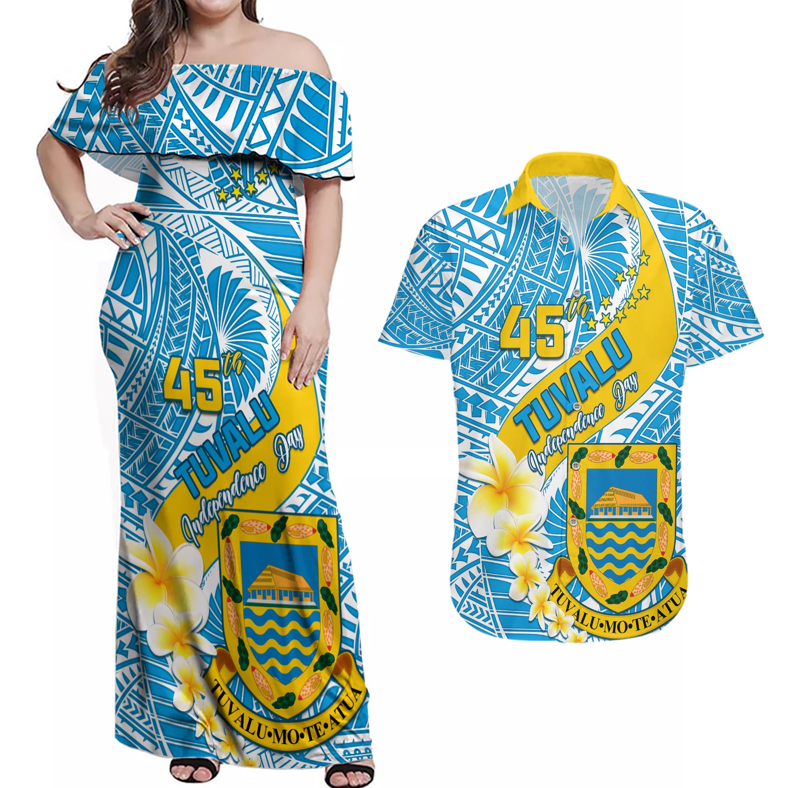 personalised-tuvalu-independence-day-couples-matching-off-shoulder-maxi-dress-and-hawaiian-shirt-plumeria-45th-anniversary