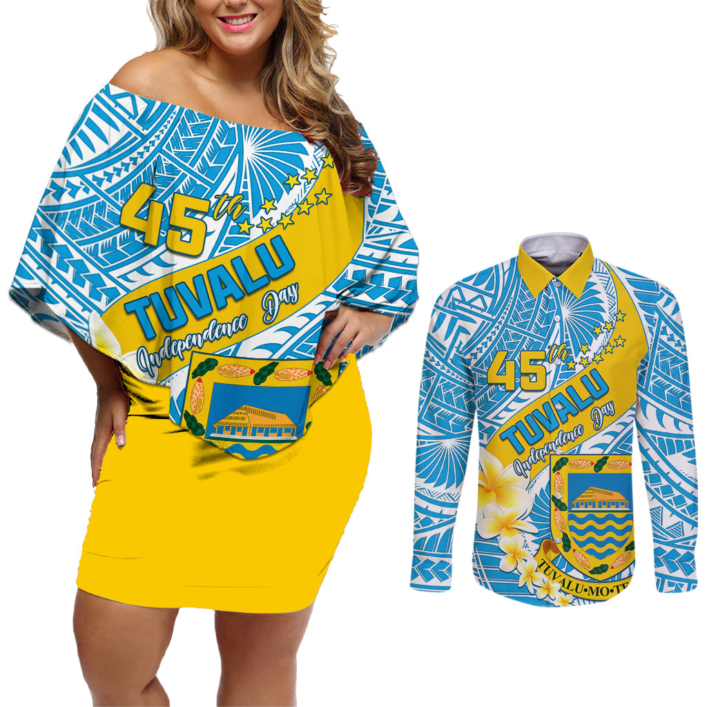 personalised-tuvalu-independence-day-couples-matching-off-shoulder-short-dress-and-long-sleeve-button-shirts-plumeria-45th-anniversary