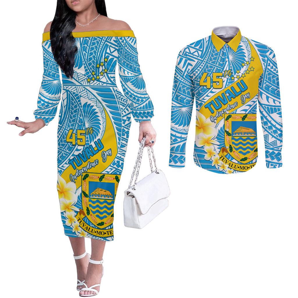 personalised-tuvalu-independence-day-couples-matching-off-the-shoulder-long-sleeve-dress-and-long-sleeve-button-shirts-plumeria-45th-anniversary