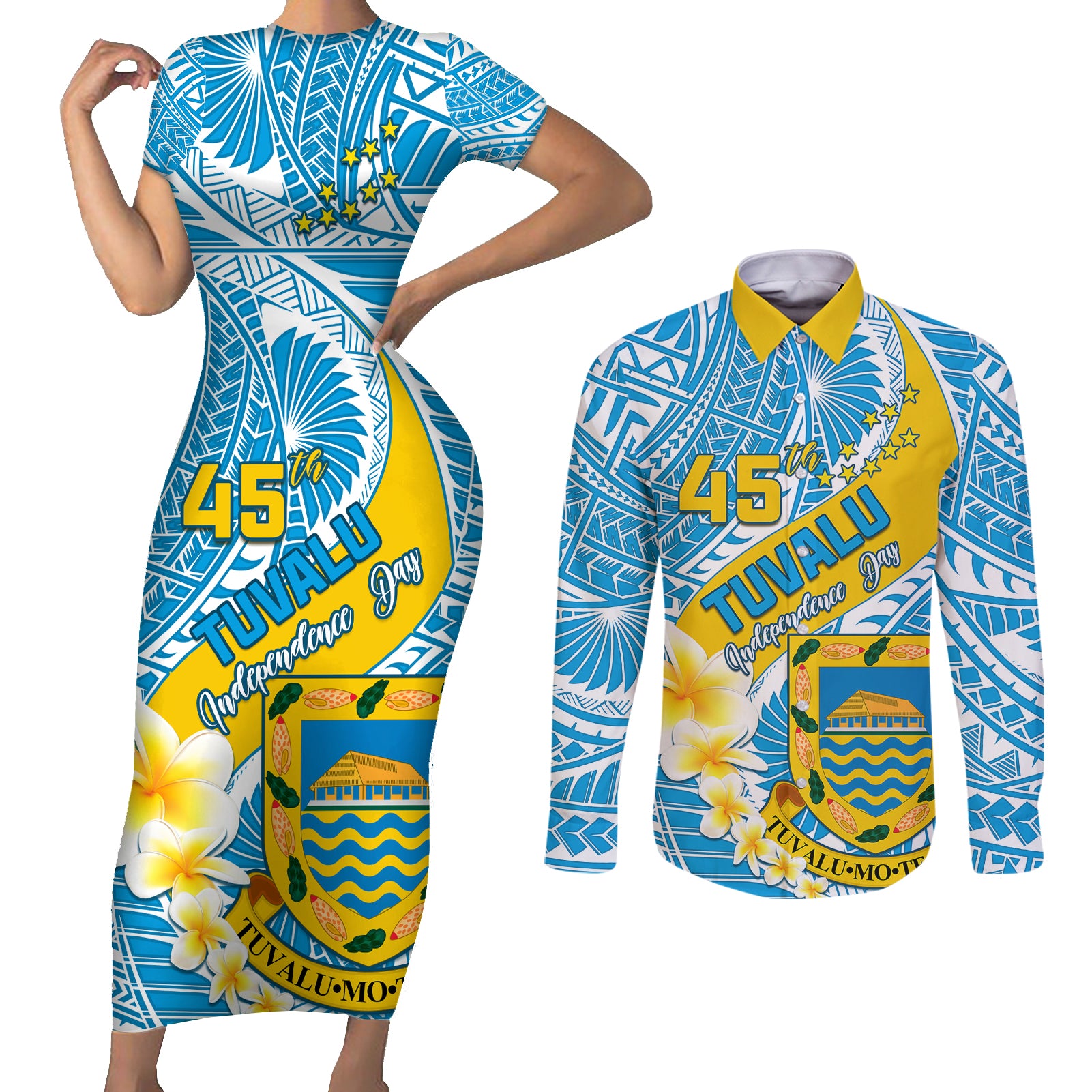 personalised-tuvalu-independence-day-couples-matching-short-sleeve-bodycon-dress-and-long-sleeve-button-shirts-plumeria-45th-anniversary