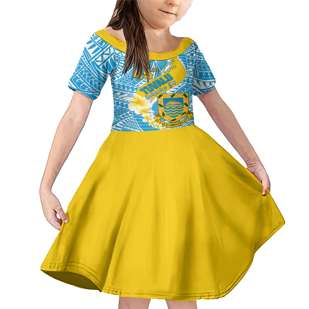 Personalised Tuvalu Independence Day Family Matching Mermaid Dress and Hawaiian Shirt Plumeria 45th Anniversary LT01 Daughter's Dress Blue - Polynesian Pride