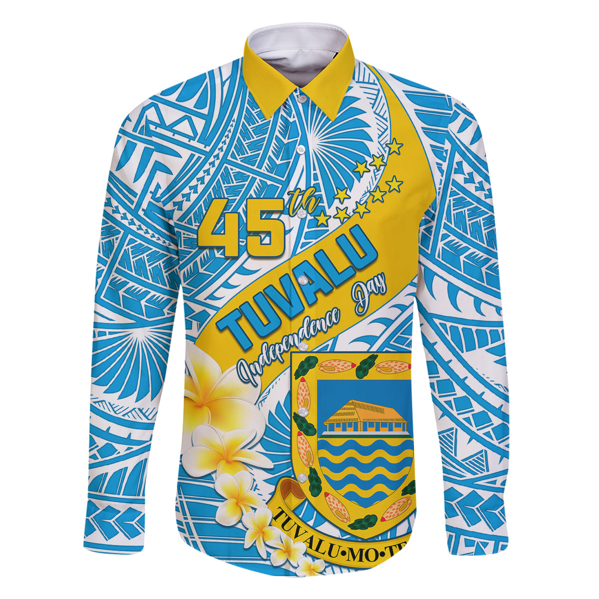 Personalised Tuvalu Independence Day Family Matching Mermaid Dress and Hawaiian Shirt Plumeria 45th Anniversary LT01 Dad's Shirt - Long Sleeve Blue - Polynesian Pride