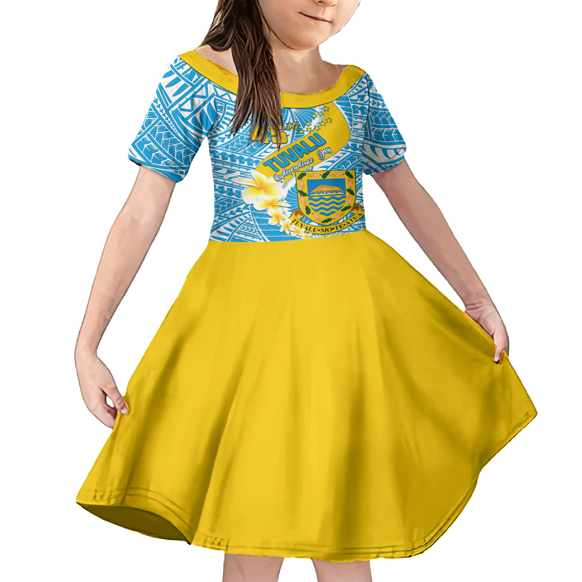 personalised-tuvalu-independence-day-kid-short-sleeve-dress-plumeria-45th-anniversary
