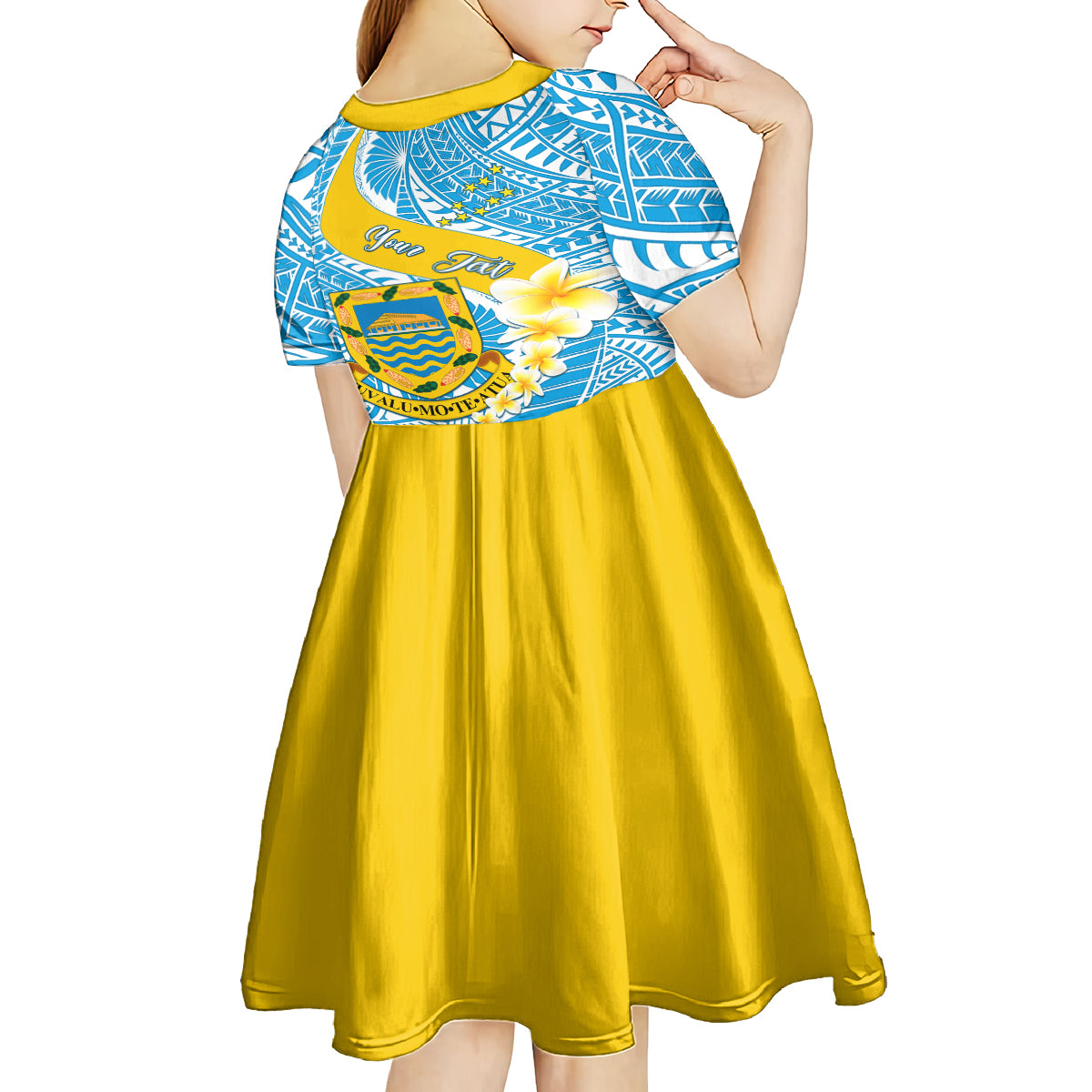 personalised-tuvalu-independence-day-kid-short-sleeve-dress-plumeria-45th-anniversary