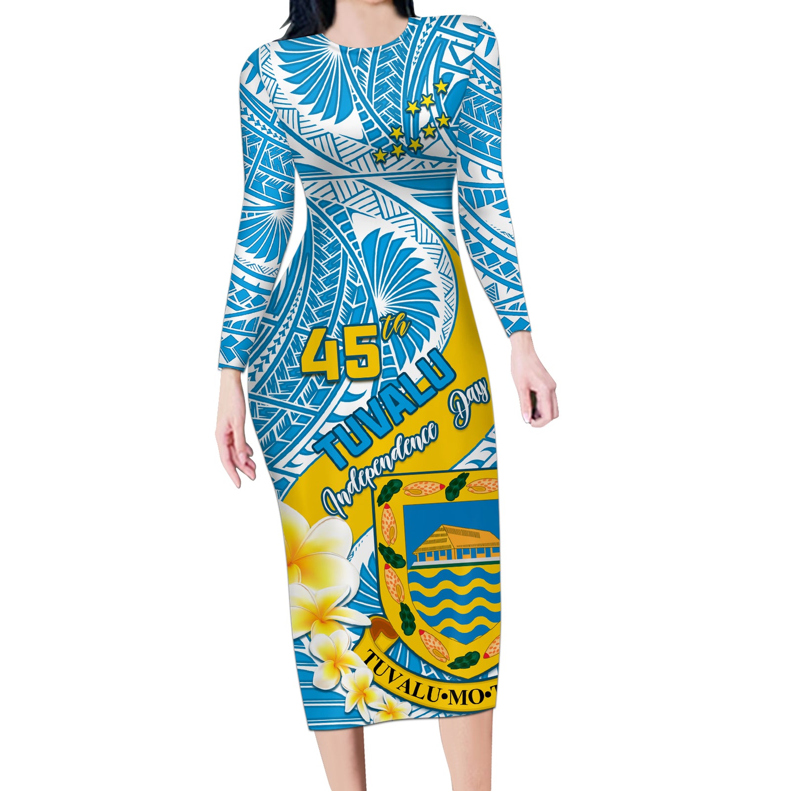 personalised-tuvalu-independence-day-long-sleeve-bodycon-dress-plumeria-45th-anniversary