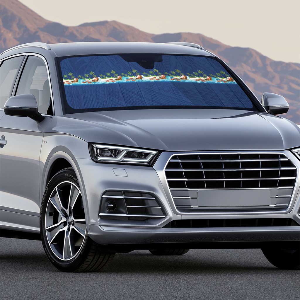 Hawaii Santa Riding Sea Turtle Auto Sun Shade Mele Kalikimaka Polynesian Pattern - Polynesian Pride