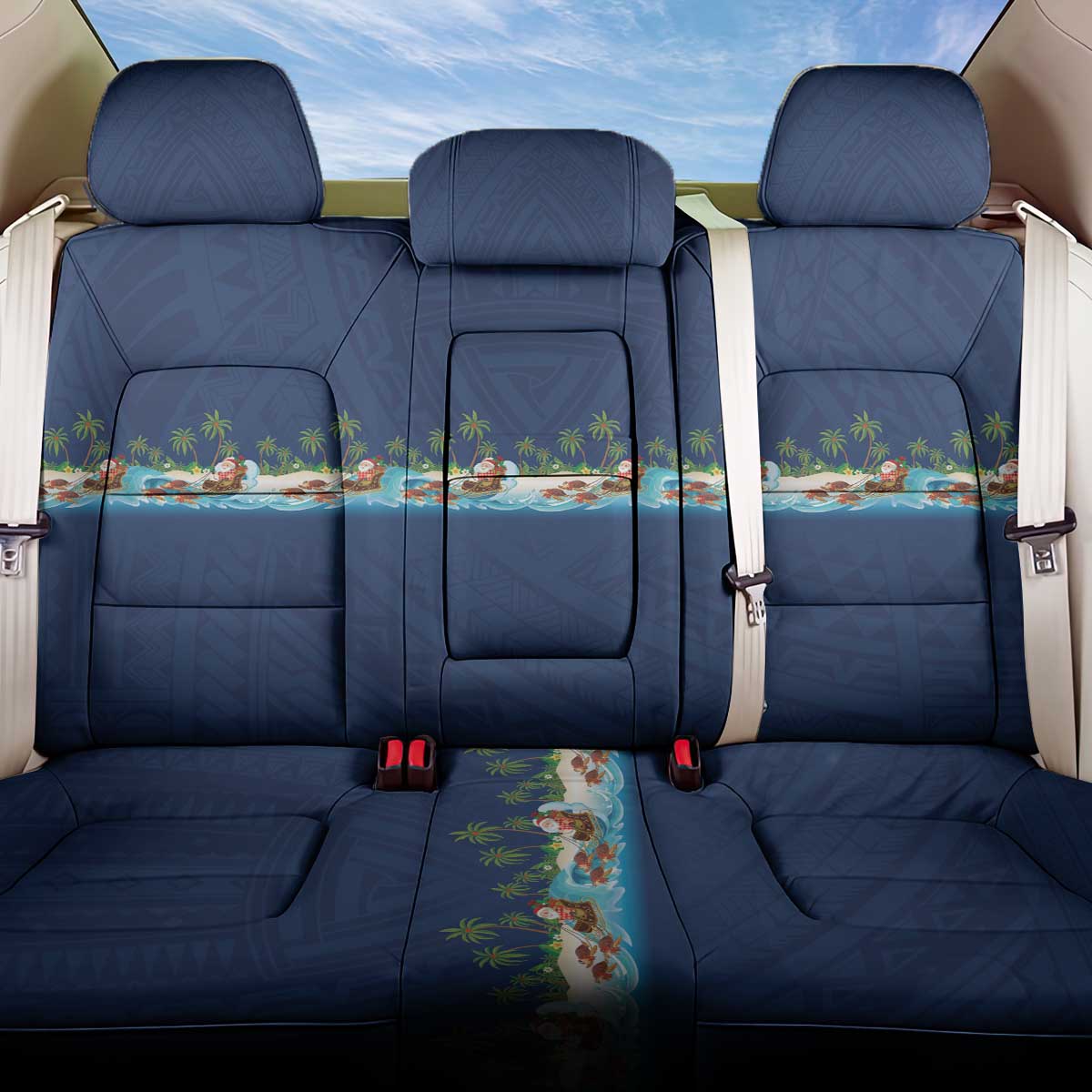 Hawaii Santa Riding Sea Turtle Back Car Seat Cover Mele Kalikimaka Polynesian Pattern - Polynesian Pride
