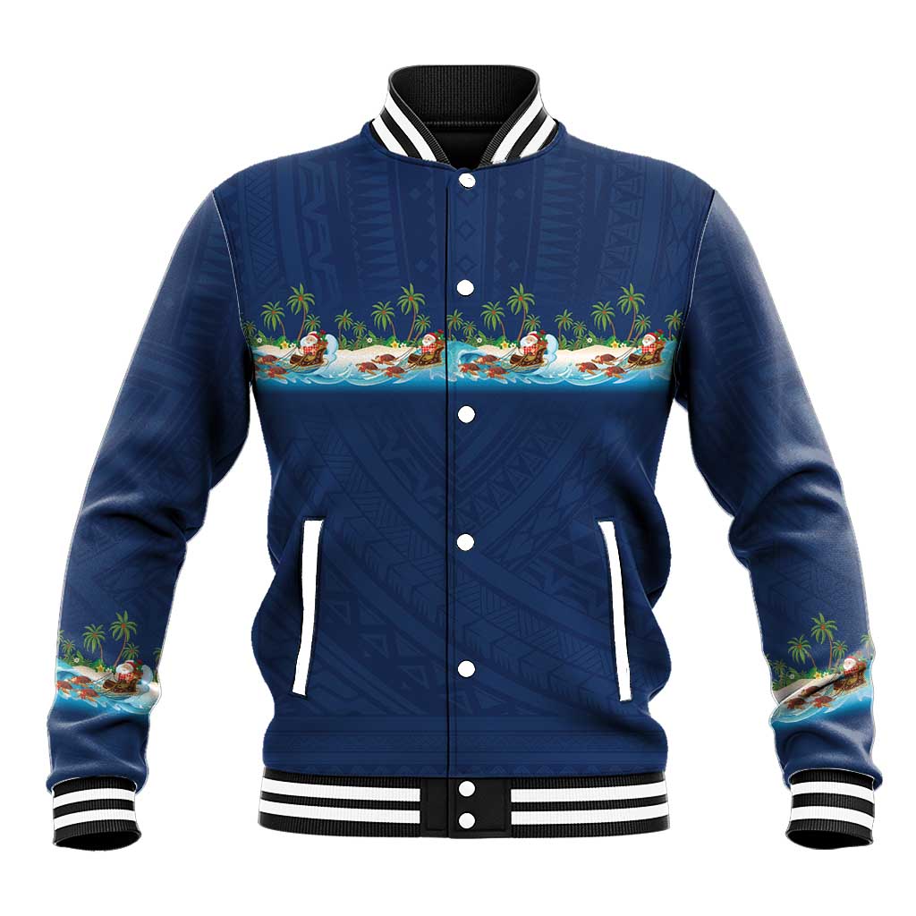 Hawaii Santa Riding Sea Turtle Baseball Jacket Mele Kalikimaka Polynesian Pattern - Polynesian Pride
