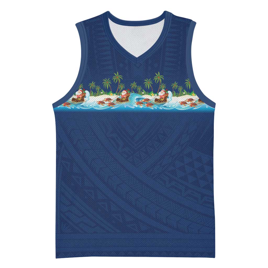 Hawaii Santa Riding Sea Turtle Basketball Jersey Mele Kalikimaka Polynesian Pattern - Polynesian Pride