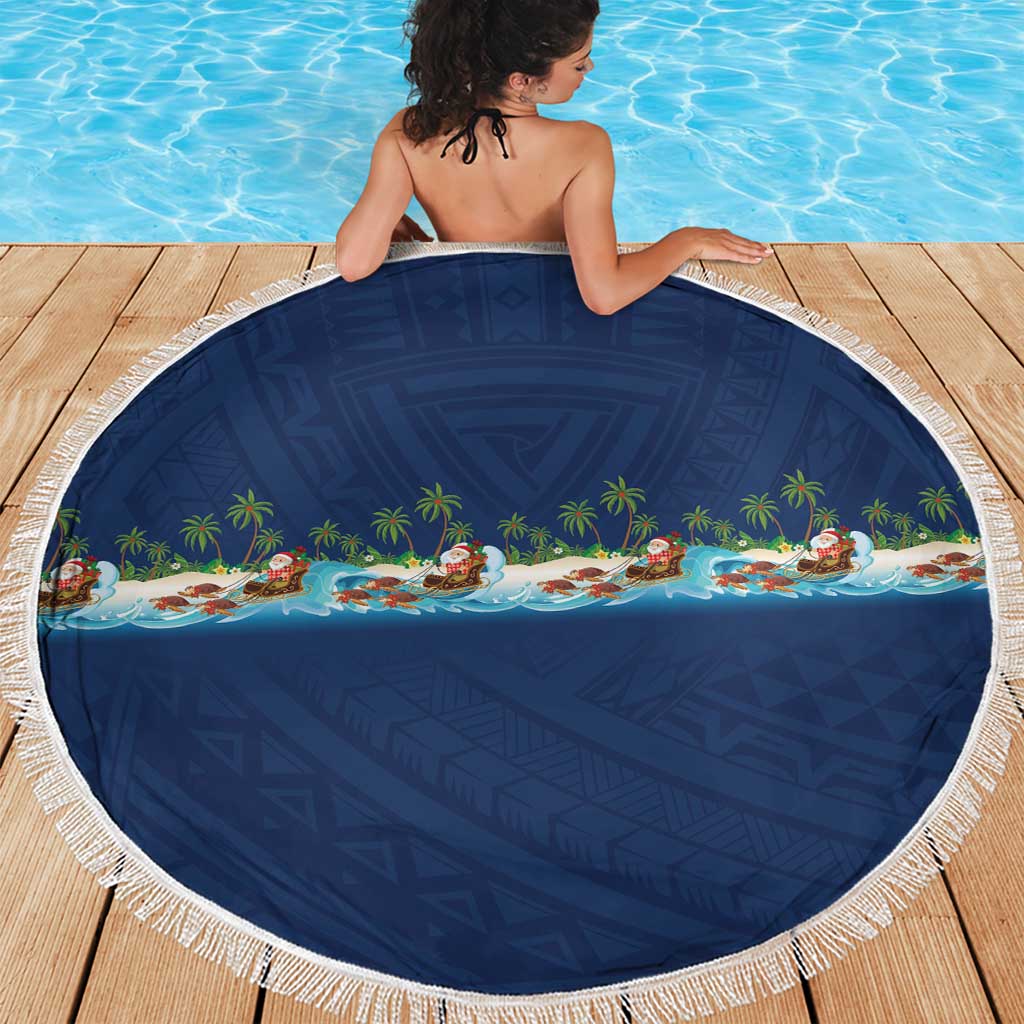 Hawaii Santa Riding Sea Turtle Beach Blanket Mele Kalikimaka Polynesian Pattern - Polynesian Pride