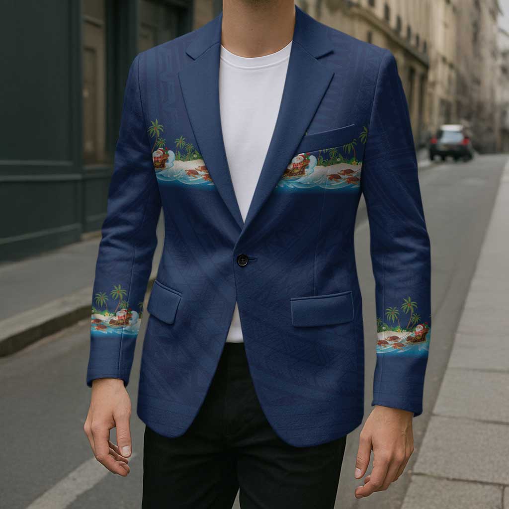 Hawaii Santa Riding Sea Turtle Blazer Mele Kalikimaka Polynesian Pattern - Polynesian Pride