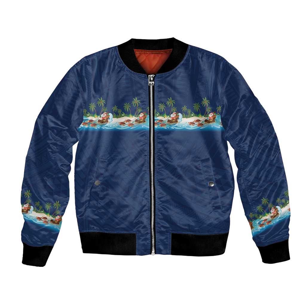 Hawaii Santa Riding Sea Turtle Bomber Jacket Mele Kalikimaka Polynesian Pattern - Polynesian Pride