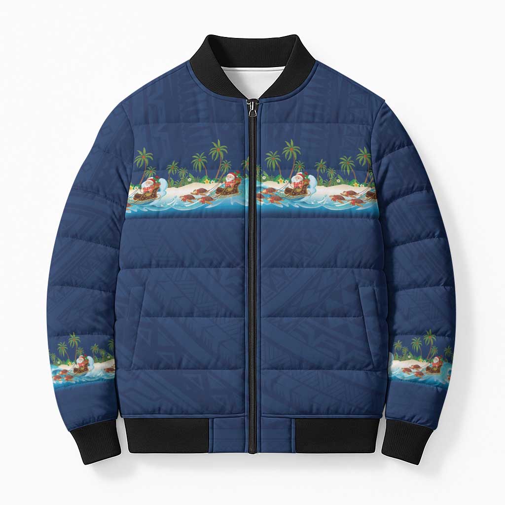 Hawaii Santa Riding Sea Turtle Bomber Puffer Jacket Mele Kalikimaka Polynesian Pattern - Polynesian Pride