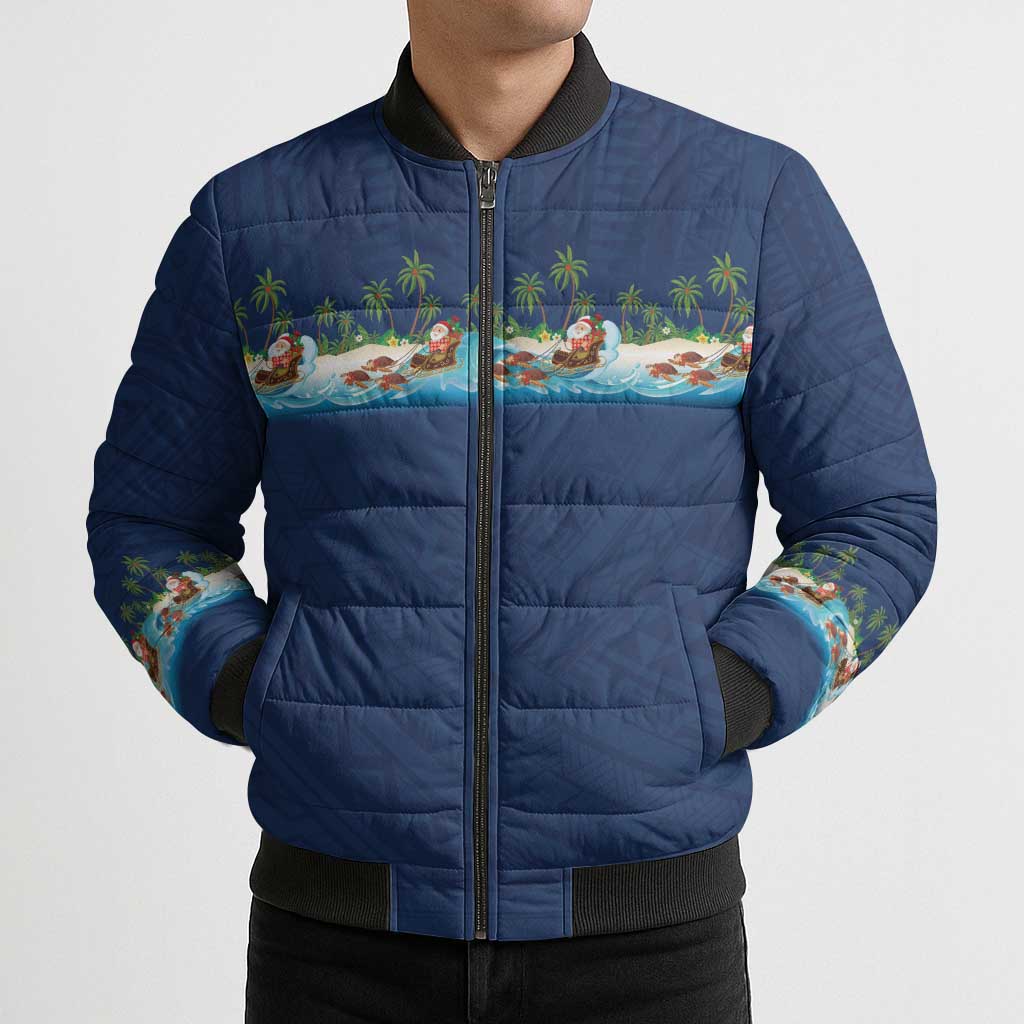 Hawaii Santa Riding Sea Turtle Bomber Puffer Jacket Mele Kalikimaka Polynesian Pattern - Polynesian Pride