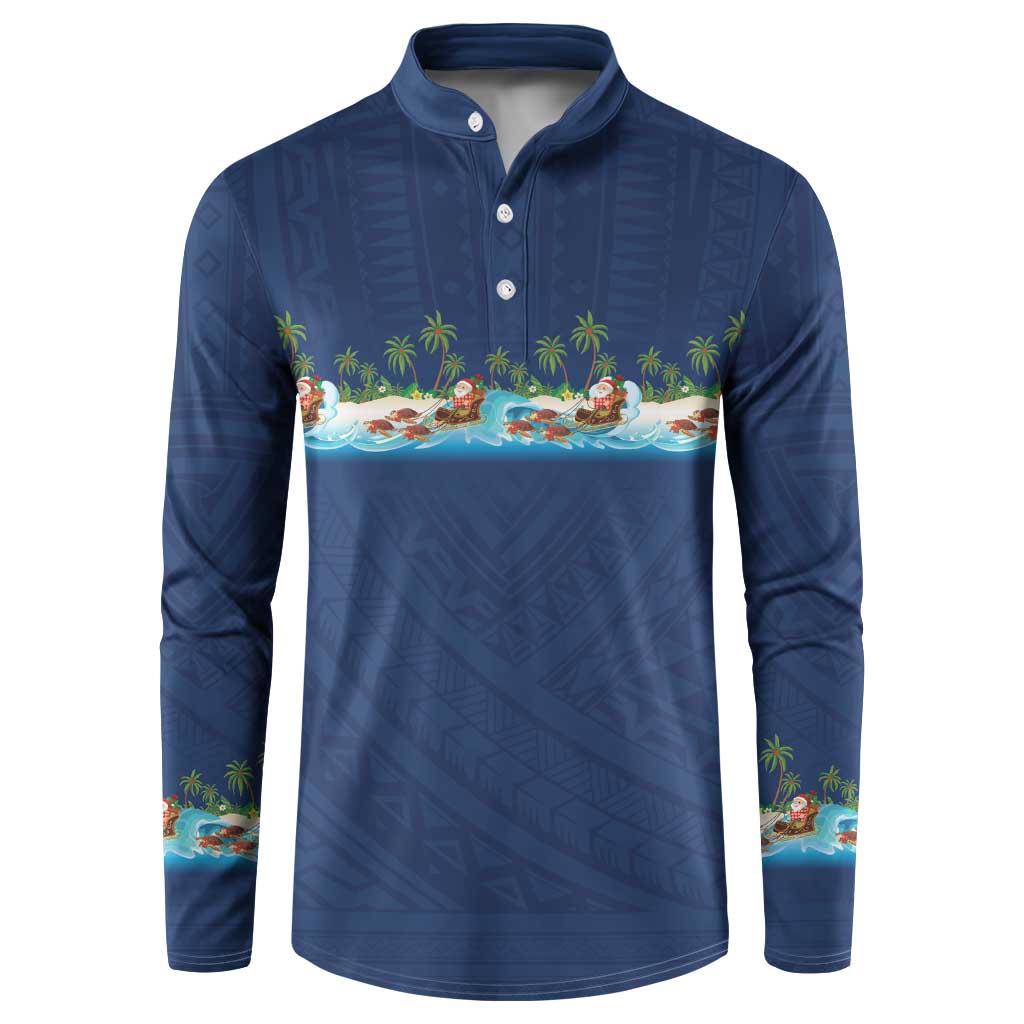 Hawaii Santa Riding Sea Turtle Button Sweatshirt Mele Kalikimaka Polynesian Pattern - Polynesian Pride