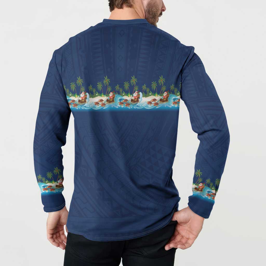Hawaii Santa Riding Sea Turtle Button Sweatshirt Mele Kalikimaka Polynesian Pattern - Polynesian Pride