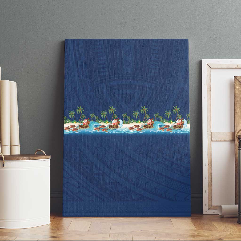 Hawaii Santa Riding Sea Turtle Canvas Wall Art Mele Kalikimaka Polynesian Pattern - Polynesian Pride