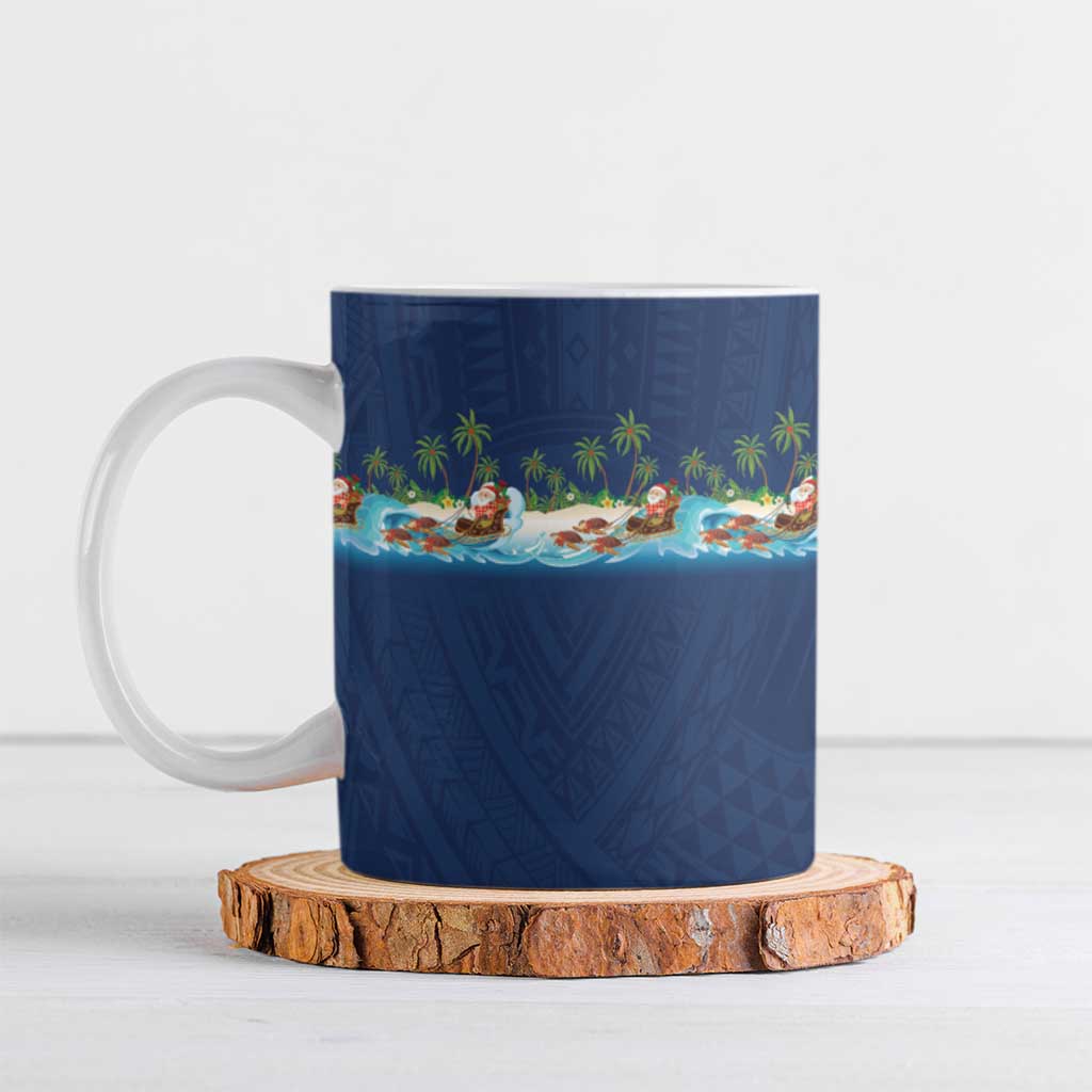 Hawaii Santa Riding Sea Turtle Ceramic Mug Mele Kalikimaka Polynesian Pattern - Polynesian Pride