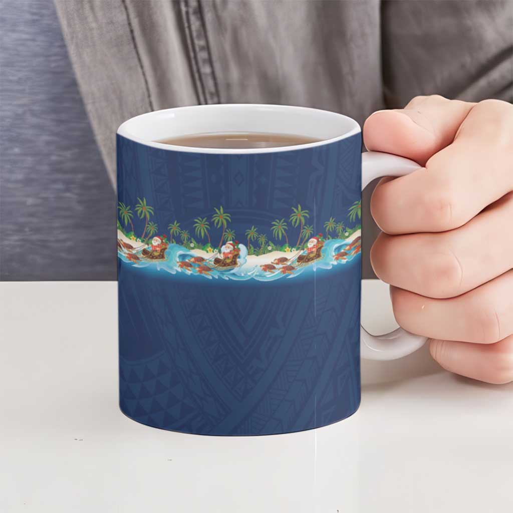 Hawaii Santa Riding Sea Turtle Ceramic Mug Mele Kalikimaka Polynesian Pattern - Polynesian Pride