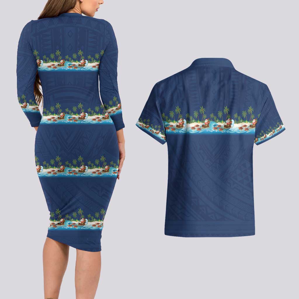 Hawaii Santa Riding Sea Turtle Couples Matching Long Sleeve Bodycon Dress and Hawaiian Shirt Mele Kalikimaka Polynesian Pattern - Polynesian Pride