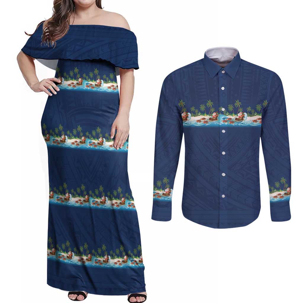 Hawaii Santa Riding Sea Turtle Couples Matching Off Shoulder Maxi Dress and Long Sleeve Button Shirt Mele Kalikimaka Polynesian Pattern - Polynesian Pride