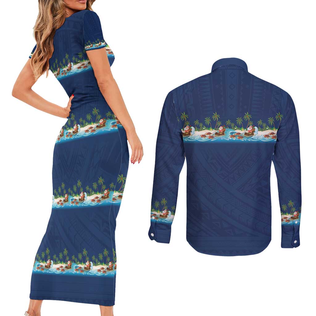 Hawaii Santa Riding Sea Turtle Couples Matching Short Sleeve Bodycon Dress and Long Sleeve Button Shirt Mele Kalikimaka Polynesian Pattern - Polynesian Pride