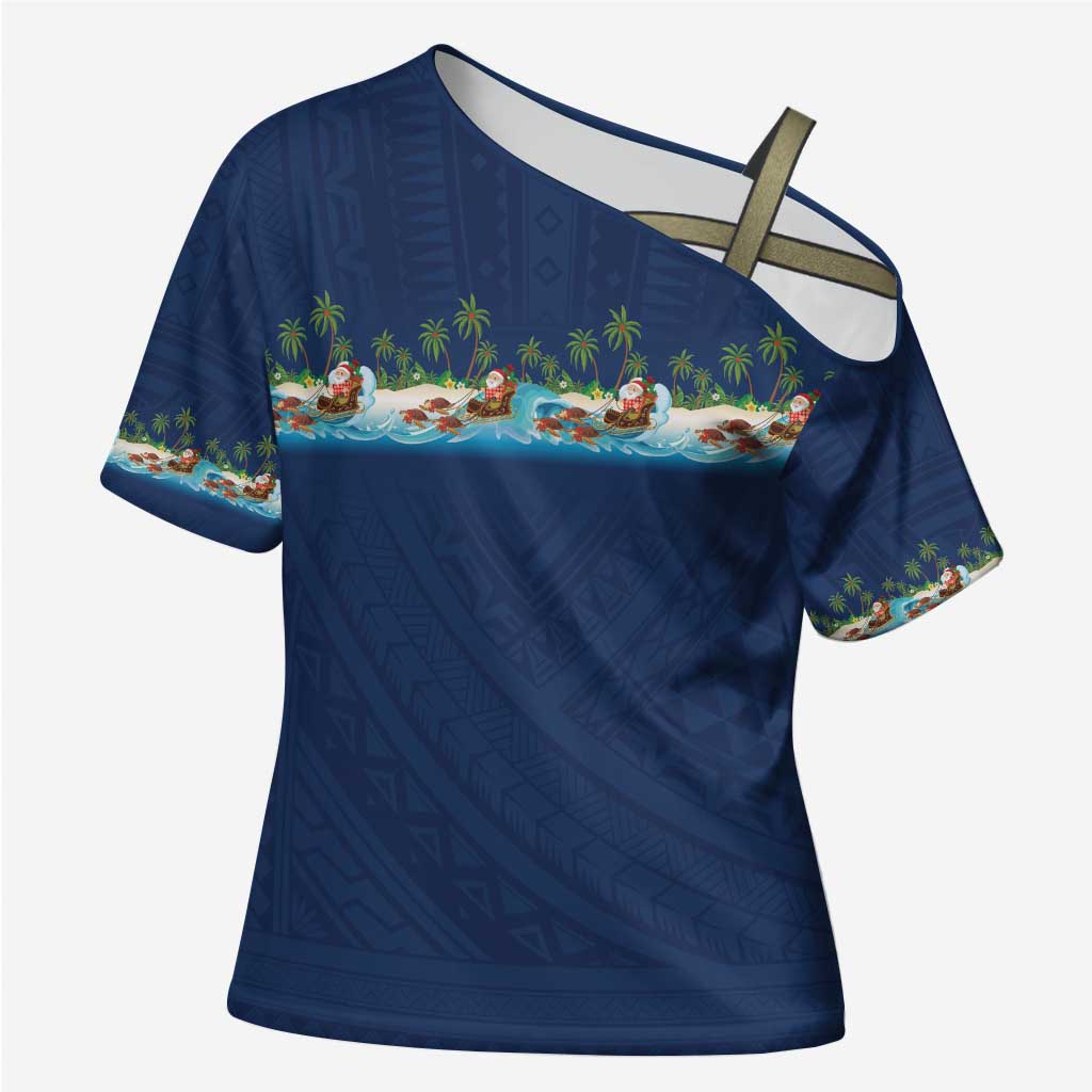Hawaii Santa Riding Sea Turtle Cross Shoulder Shirt Mele Kalikimaka Polynesian Pattern - Polynesian Pride