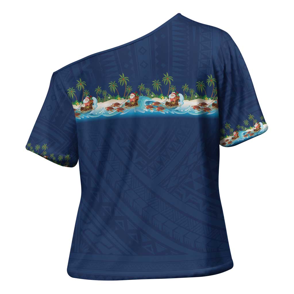 Hawaii Santa Riding Sea Turtle Cross Shoulder Shirt Mele Kalikimaka Polynesian Pattern - Polynesian Pride