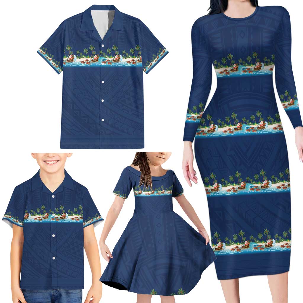 Hawaii Santa Riding Sea Turtle Family Matching Long Sleeve Bodycon Dress and Hawaiian Shirt Mele Kalikimaka Polynesian Pattern - Polynesian Pride
