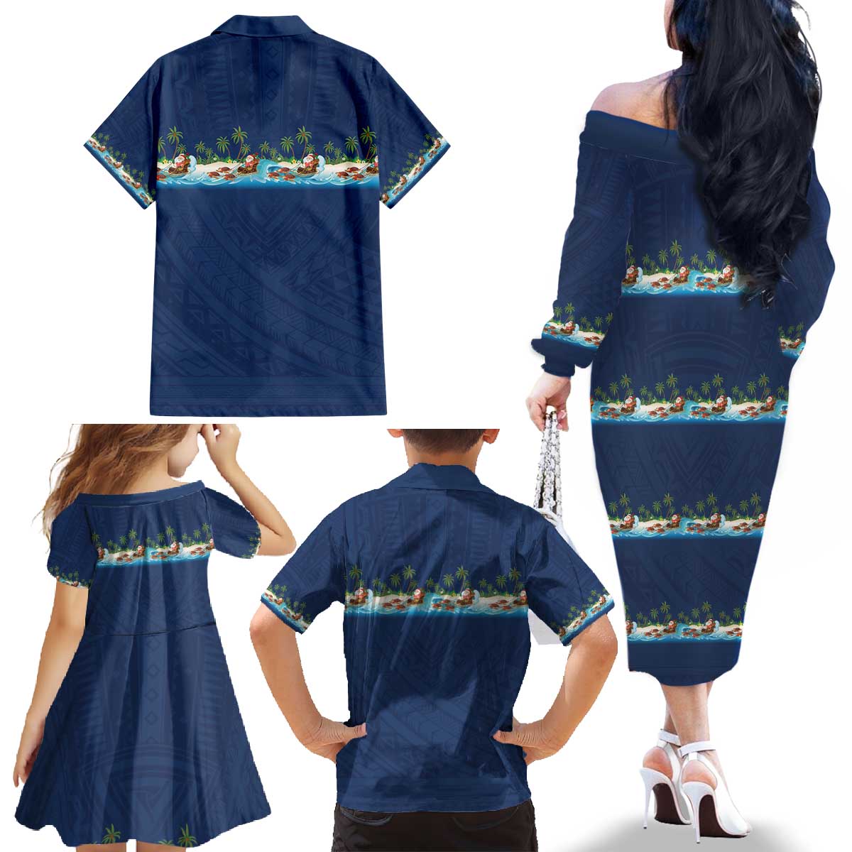 Hawaii Santa Riding Sea Turtle Family Matching Off The Shoulder Long Sleeve Dress and Hawaiian Shirt Mele Kalikimaka Polynesian Pattern - Polynesian Pride