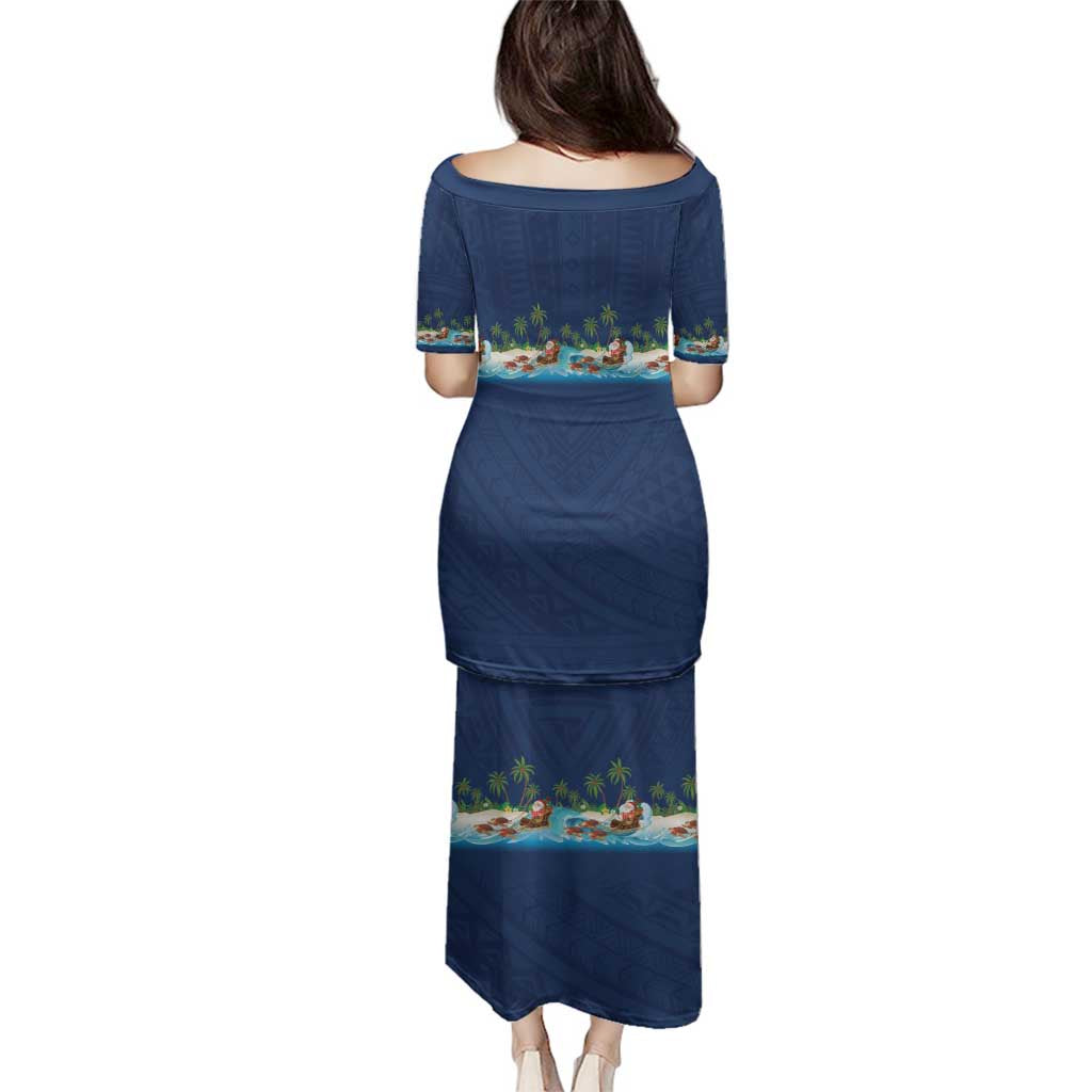 Hawaii Santa Riding Sea Turtle Family Matching Puletasi and Hawaiian Shirt Mele Kalikimaka Polynesian Pattern - Polynesian Pride