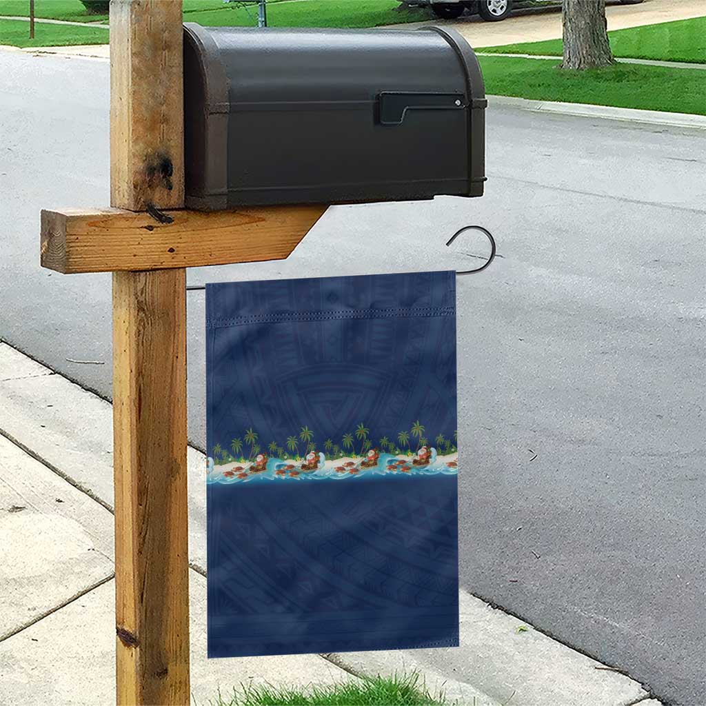 Hawaii Santa Riding Sea Turtle Garden Flag Mele Kalikimaka Polynesian Pattern - Polynesian Pride