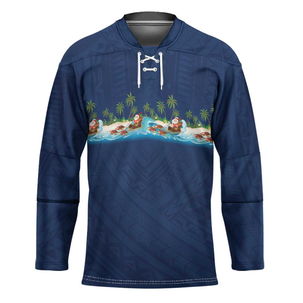 Hawaii Santa Riding Sea Turtle Hockey Jersey Mele Kalikimaka Polynesian Pattern - Polynesian Pride