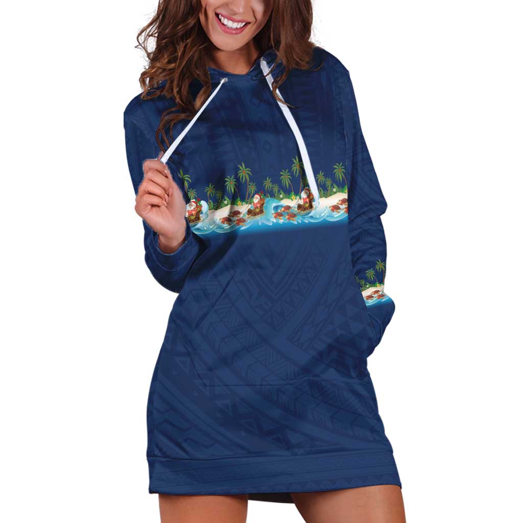 Hawaii Santa Riding Sea Turtle Hoodie Dress Mele Kalikimaka Polynesian Pattern - Polynesian Pride