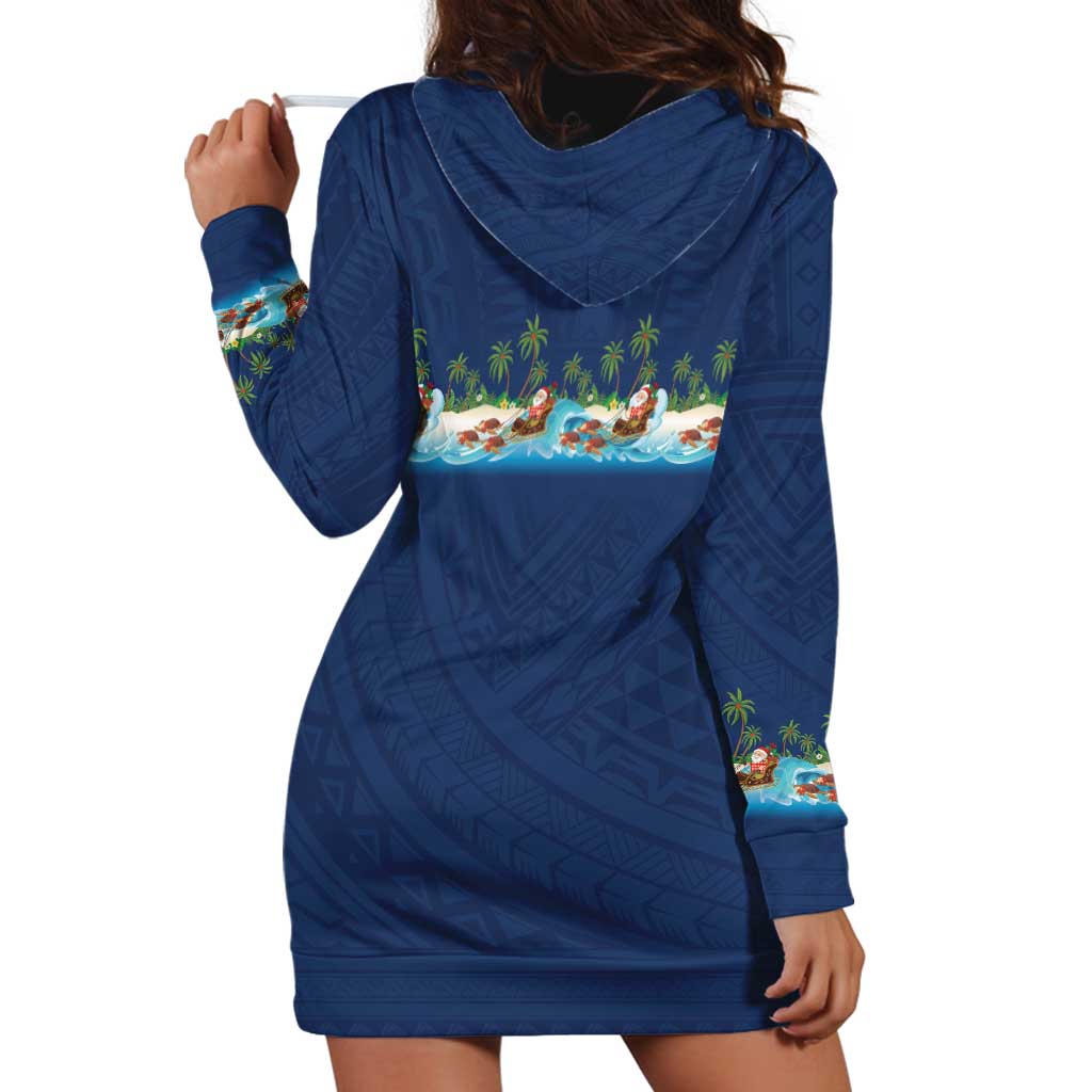 Hawaii Santa Riding Sea Turtle Hoodie Dress Mele Kalikimaka Polynesian Pattern - Polynesian Pride