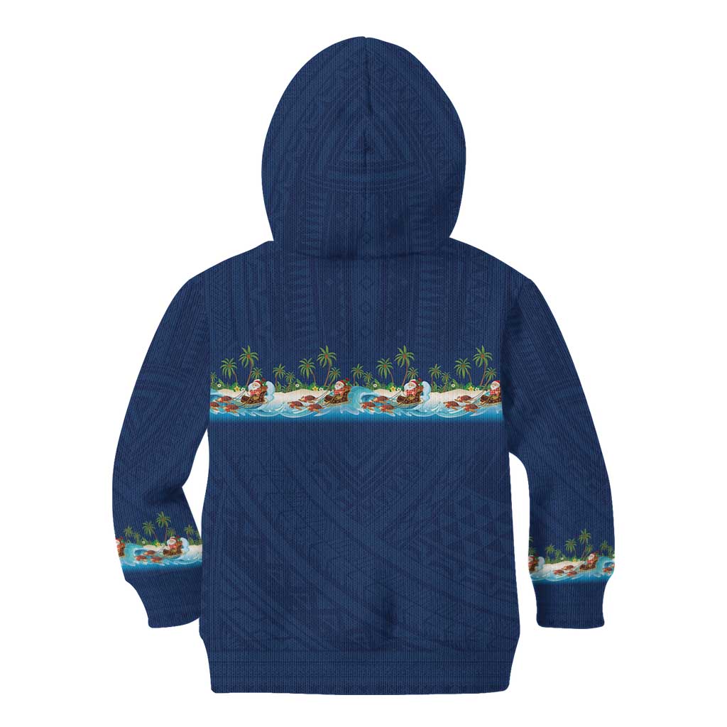 Hawaii Santa Riding Sea Turtle Kid Hoodie Mele Kalikimaka Polynesian Pattern - Polynesian Pride