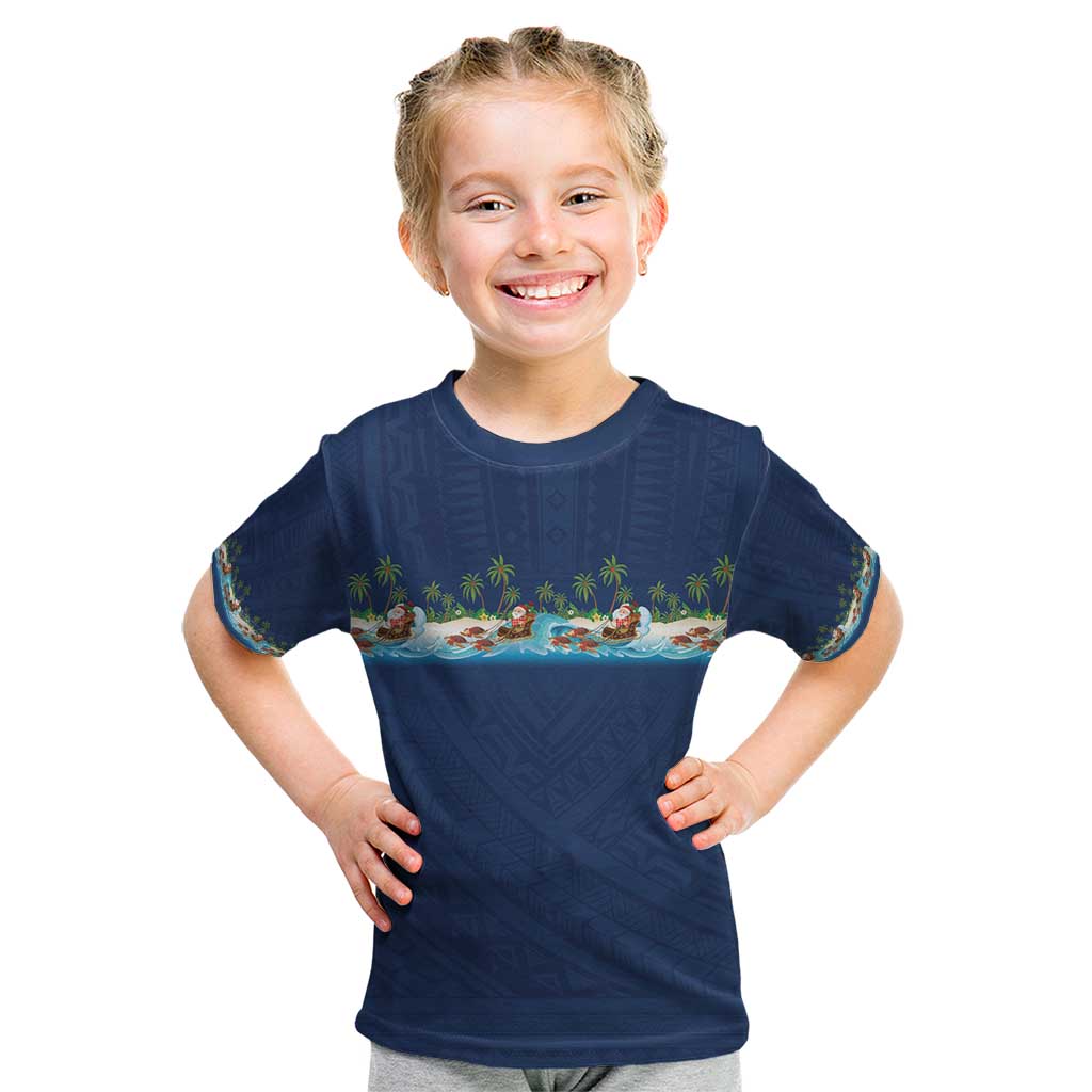 Hawaii Santa Riding Sea Turtle Kid T Shirt Mele Kalikimaka Polynesian Pattern - Polynesian Pride