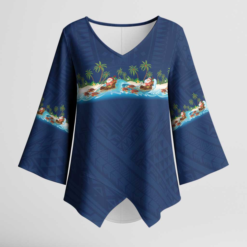 Hawaii Santa Riding Sea Turtle Kimono Sleeve Blouse Mele Kalikimaka Polynesian Pattern - Polynesian Pride