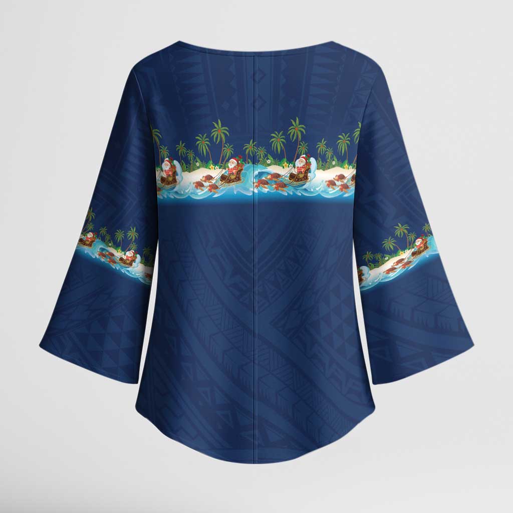 Hawaii Santa Riding Sea Turtle Kimono Sleeve Blouse Mele Kalikimaka Polynesian Pattern - Polynesian Pride