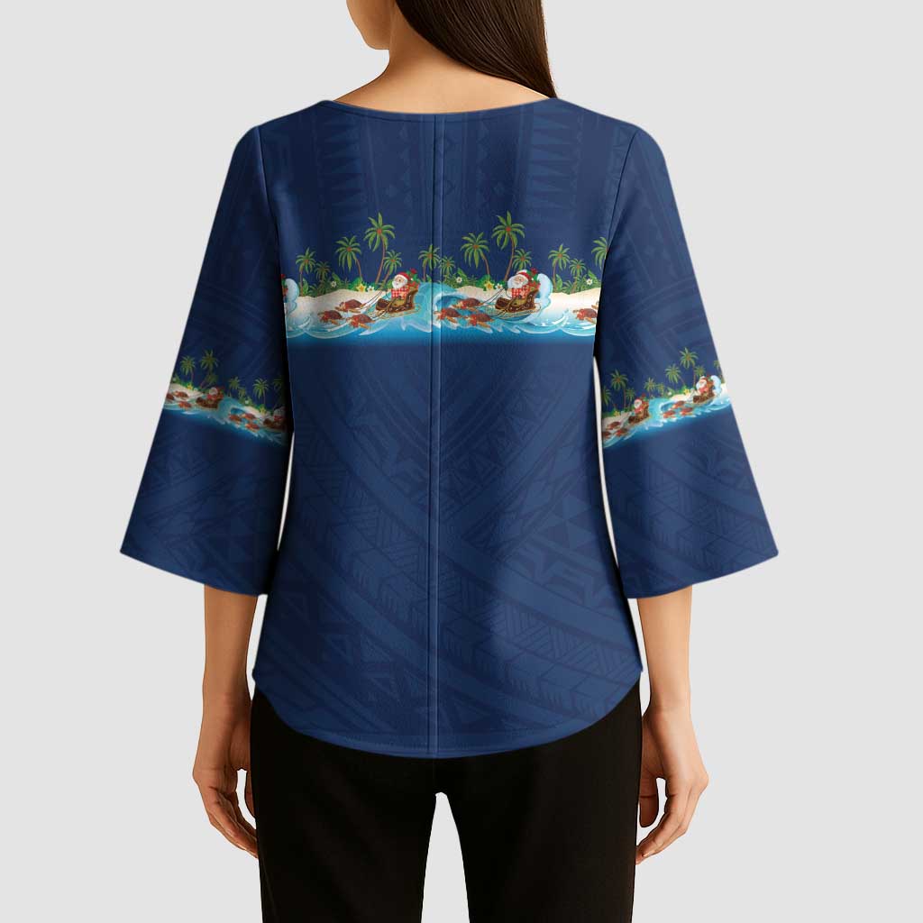 Hawaii Santa Riding Sea Turtle Kimono Sleeve Blouse Mele Kalikimaka Polynesian Pattern - Polynesian Pride