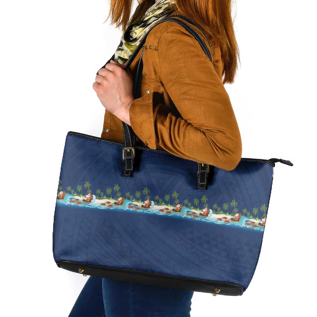 Hawaii Santa Riding Sea Turtle Leather Tote Bag Mele Kalikimaka Polynesian Pattern - Polynesian Pride