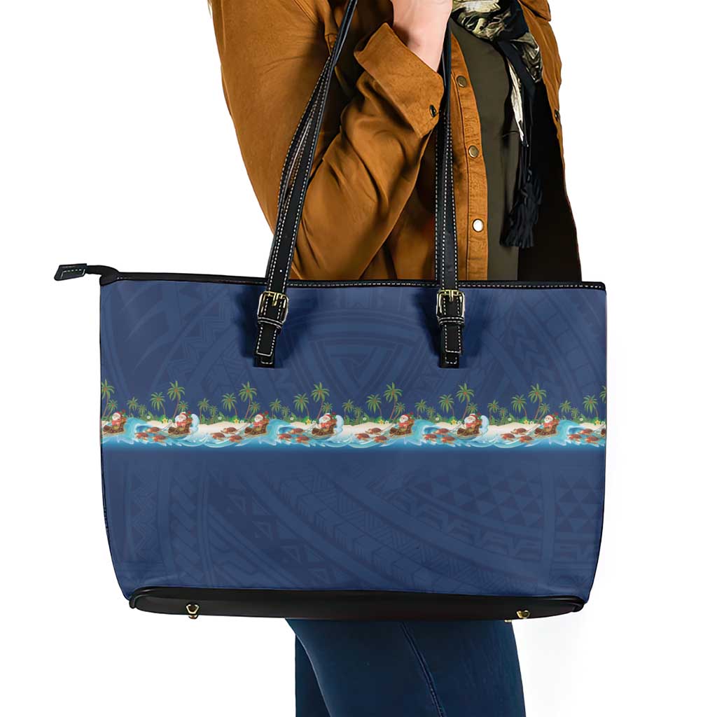 Hawaii Santa Riding Sea Turtle Leather Tote Bag Mele Kalikimaka Polynesian Pattern - Polynesian Pride